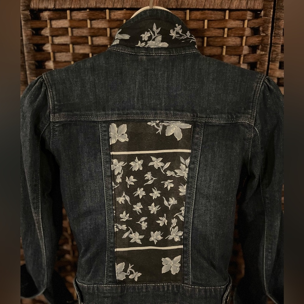 Girl’s 7/8 Gymboree dark wash denim jacket embellished with a lovely silk scarf.
